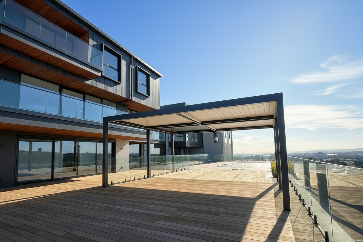Black motorized aluminium louvre pergola with integrated LED lighting on an Auckland deck